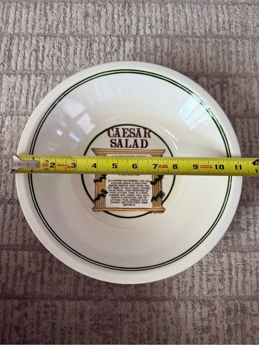 Vintage Caesar Salad Recipe Ceramic Serving Bowl - White with Green Trim